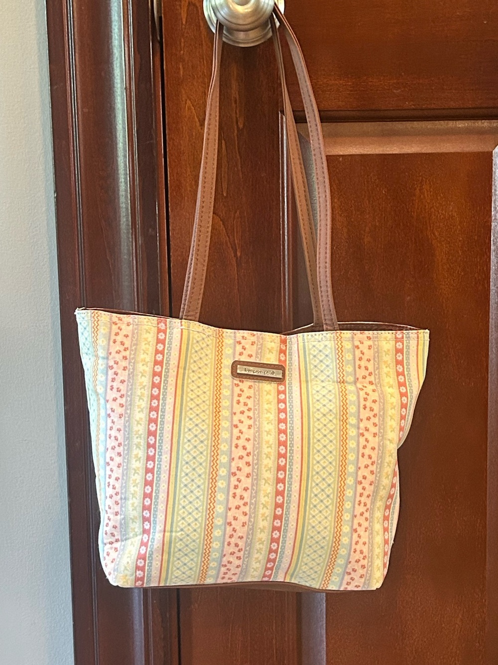 Longaberger Pastel Patchwork Stripe Tote Shoulder Bag Spring Floral - Picture 3 of 8